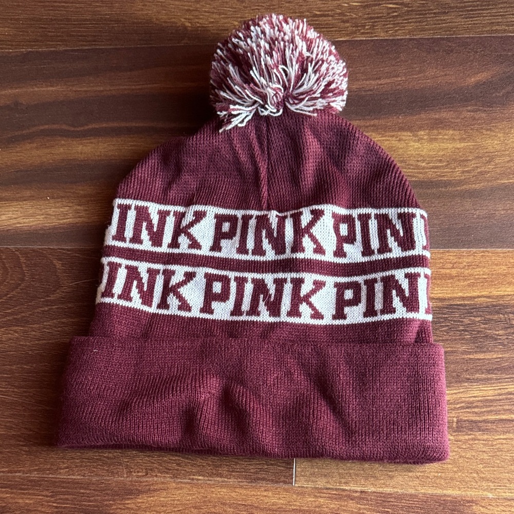 PINK Victoria's Secret Maroon and White Pom Knit Beanie